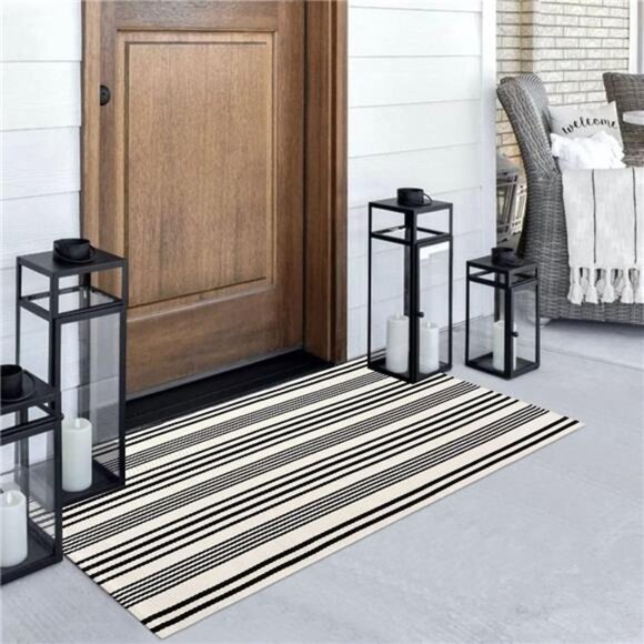 Black and White Striped Outdoor Rug, 2’ x 4.3’ Cotton Hand-Woven Reversible - Picture 1 of 8